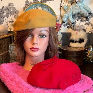 EUC VINTAGE red AND mustard Yellow wool berets with decorative stitching and a s